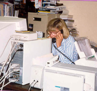 Kathy Norquist, Randy's Assistant, hard at work in the Alcorn's basement in 1997